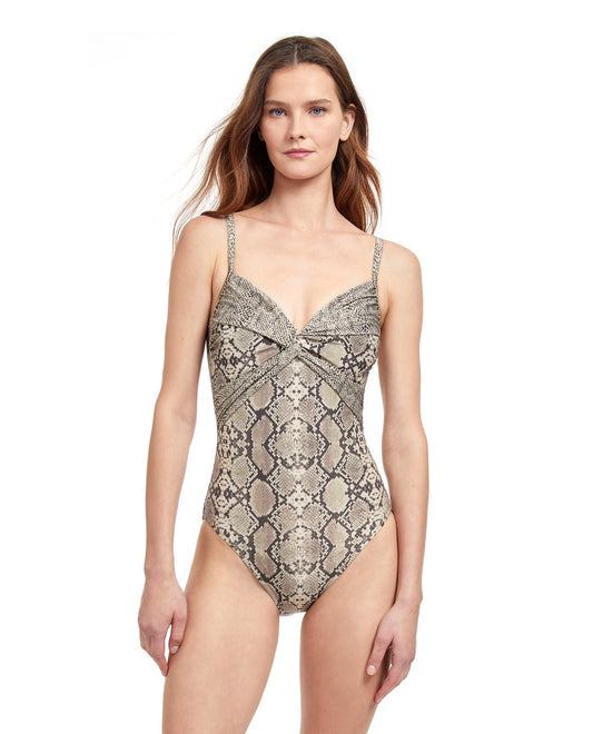 Front View Of Gottex Classic Python Shaped Surplice One Piece Swimsuit | Gottex Python