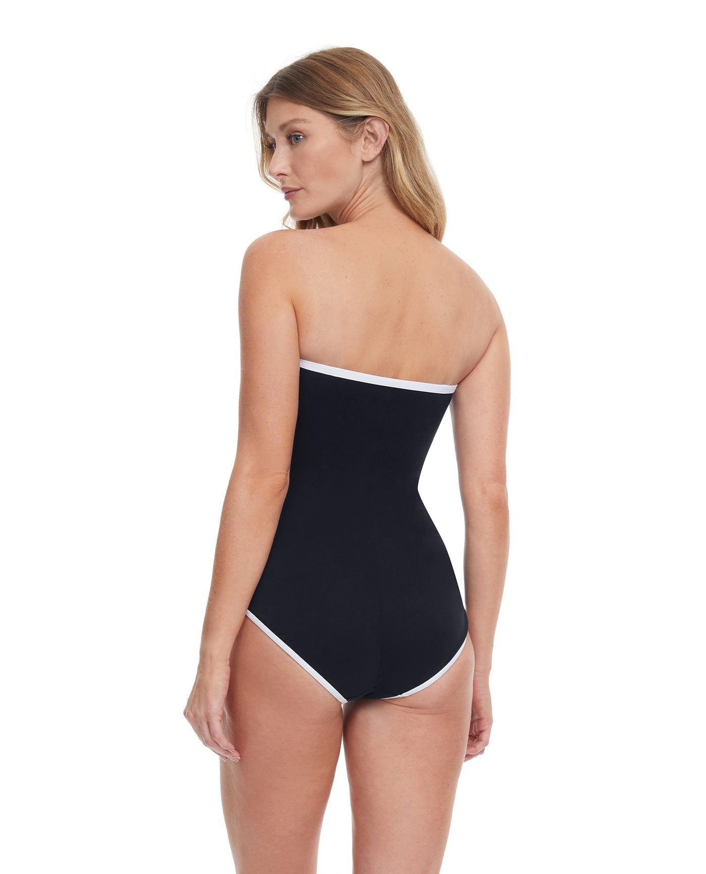 Back View Of Gottex Essentials Sail To Sunset Bandeau Strapless One Piece Swimsuit | Gottex Sail To Sunset Black And White