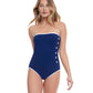 Front View Of Gottex Essentials Sail To Sunset Bandeau Strapless One Piece Swimsuit | Gottex Sail To Sunset Navy And White