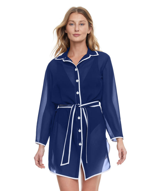 Front View Of Gottex Essentials Sail To Sunset Long Sleeve Belted Beach Blouse | Gottex Sail To Sunset Navy And White