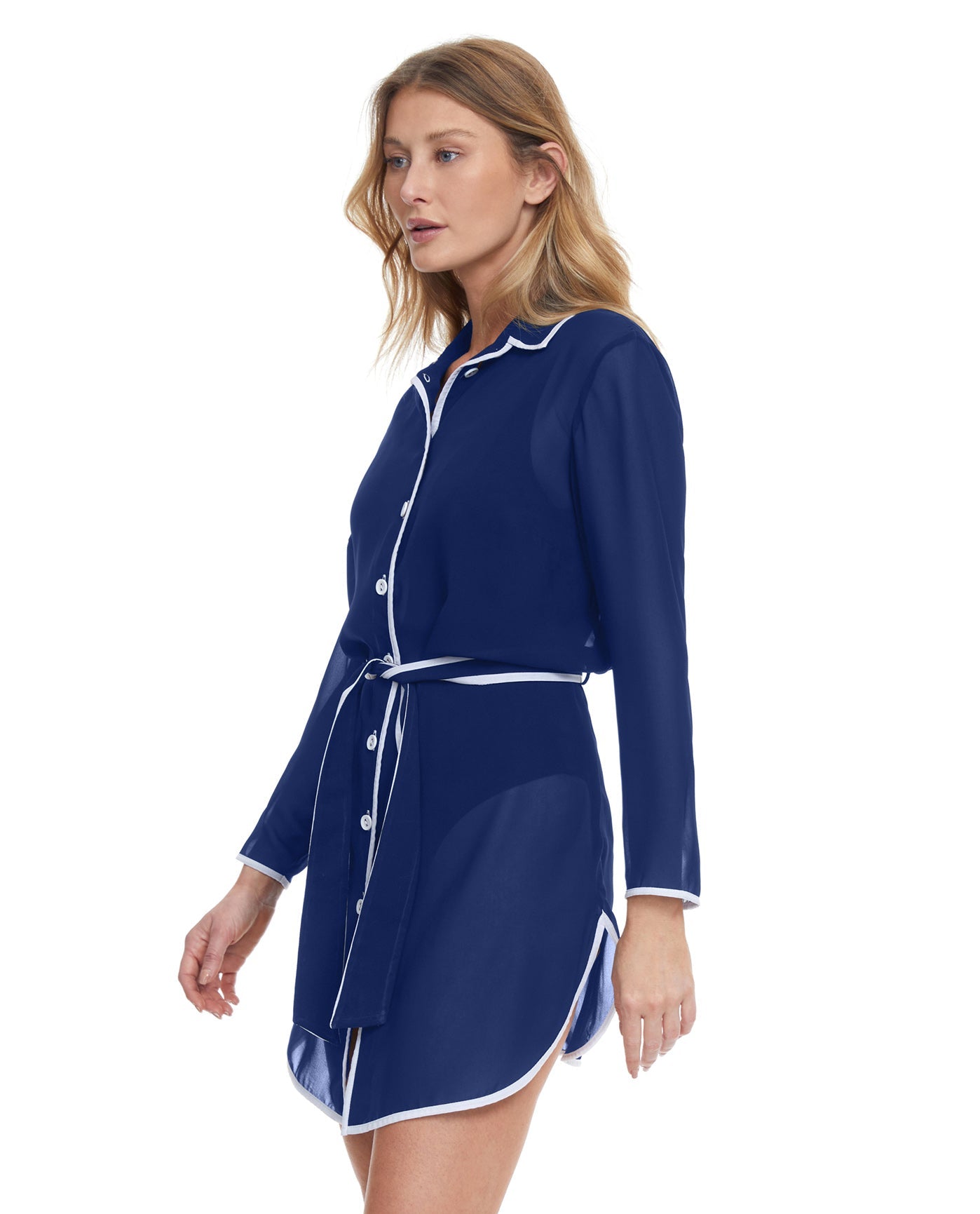 Side View View Of Gottex Essentials Sail To Sunset Long Sleeve Belted Beach Blouse | Gottex Sail To Sunset Navy And White