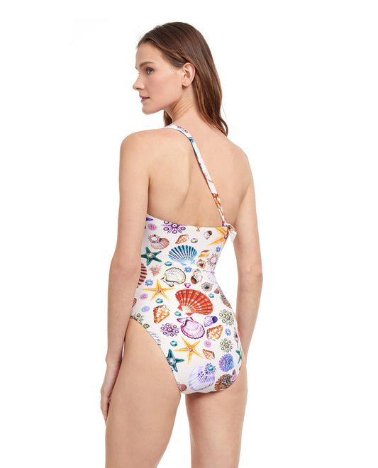 Back View Of Gottex Classic White Sands Sand One Shoulder One Piece Swimsuit | Gottex White Sands White