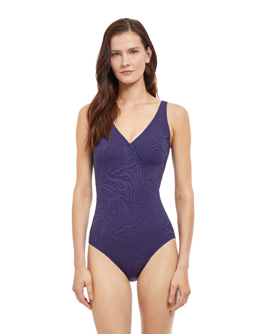 Front View Of Gottex Essentials Full Coverage African Escape V-Neck Surplice One Piece Swimsuit | Gottex African Escape Marine