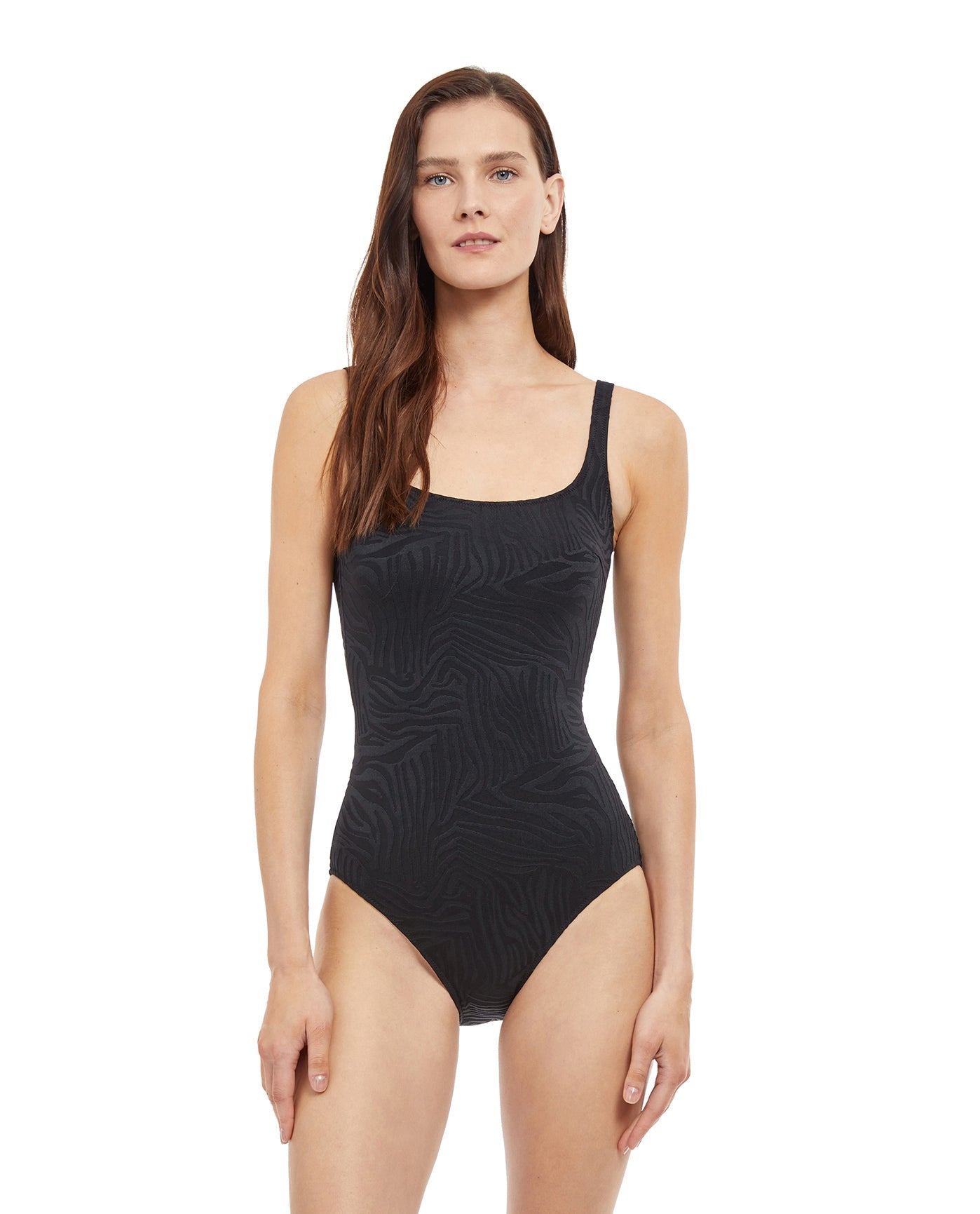 Front View Of Gottex Essentials African Escape Full Coverage Square Neck One Piece Swimsuit | Gottex African Escape Black