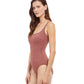 Side View View Of Gottex Essentials African Escape Full Coverage Square Neck One Piece Swimsuit | Gottex African Escape Rose Taupe