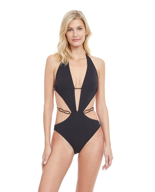 Front View Of Gottex Classic Black Pearl Deep Plunge Halter Monokini One Piece Swimsuit | Gottex Black Pearl