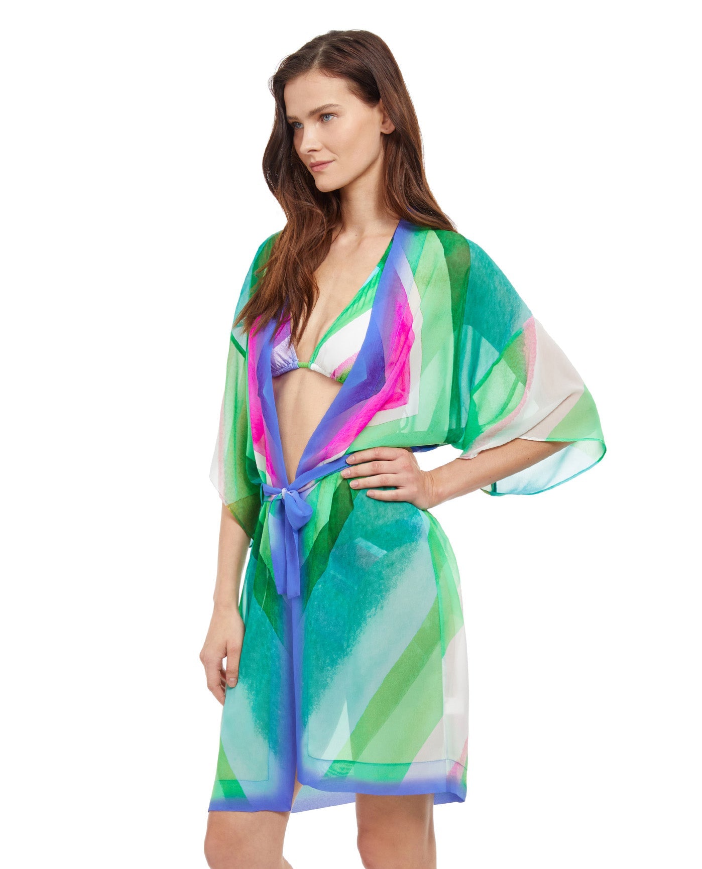 Side View View Of Gottex Essentials Diagonal Dreams Belted Kimono Cover Up Dress | Gottex Diagonal Dreams