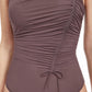 Front Detail View Of Gottex Classic Dolce Vita Round Neck One Piece Swimsuit | Gottex Dolce Vita Taupe