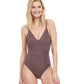 Front View Of Gottex Classic Dolce Vita V-Neck Surplice One Piece Swimsuit | Gottex Dolce Vita Taupe
