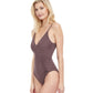 Side View View Of Gottex Classic Dolce Vita V-Neck Surplice One Piece Swimsuit | Gottex Dolce Vita Taupe