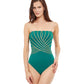 Front View Of Gottex Essentials Embrace Bandeau Strapless One Piece Swimsuit | Gottex Embrace Green And Gold