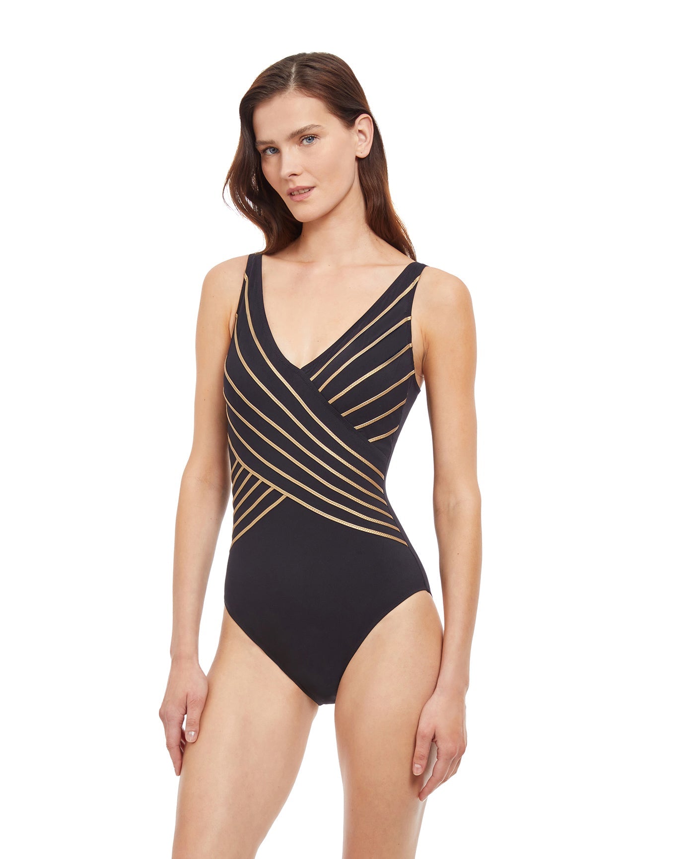 Back View Of Gottex Essentials Embrace V-Neck Surplice One Piece Swimsuit | Gottex Embrace Green And Gold