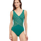 Front View Of Gottex Essentials Embrace V-Neck Surplice One Piece Swimsuit | Gottex Embrace Green And Gold