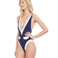 Side View View Of Gottex Classic High Class Deep-V Plunge One Piece Swimsuit | Gottex High Class Navy And White