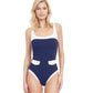 Front View Of Gottex Classic High Class Full Coverage Square Neck One Piece Swimsuit | Gottex High Class Navy And White