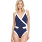 Front View Of Gottex Classic High Class V-Neck Surplice One Piece Swimsuit | Gottex High Class Navy And White