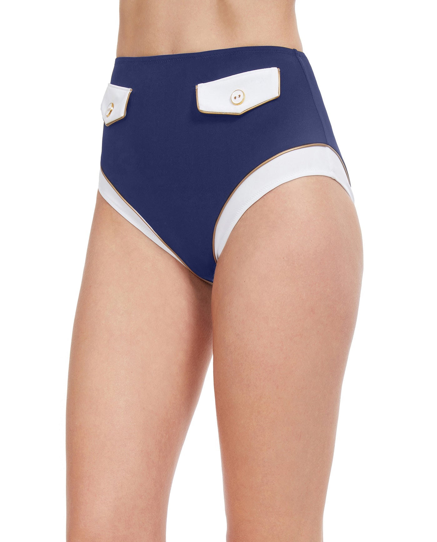 Side View View Of Gottex Classic High Class Pocketed High Waist Bikini Bottom | Gottex High Class Navy And White