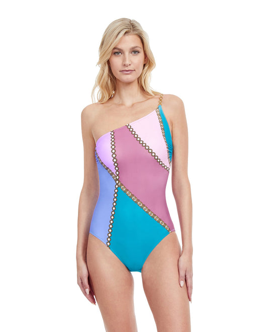 Front View Of Gottex Classic Modern Shades One Shoulder One Piece Swimsuit | Gottex Modern Shades Pink
