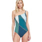 Front View Of Gottex Classic Modern Shades One Shoulder One Piece Swimsuit | Gottex Modern Shades Blue