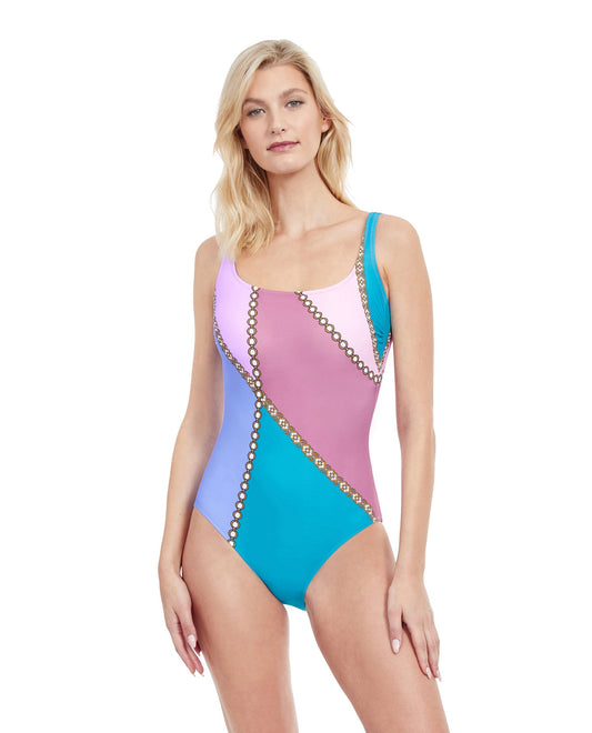 Front View Of Gottex Classic Modern Shades Full Coverage Square Neck One Piece Swimsuit | Gottex Modern Shades Pink