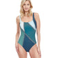 Front View Of Gottex Classic Modern Shades Full Coverage Square Neck One Piece Swimsuit | Gottex Modern Shades Blue