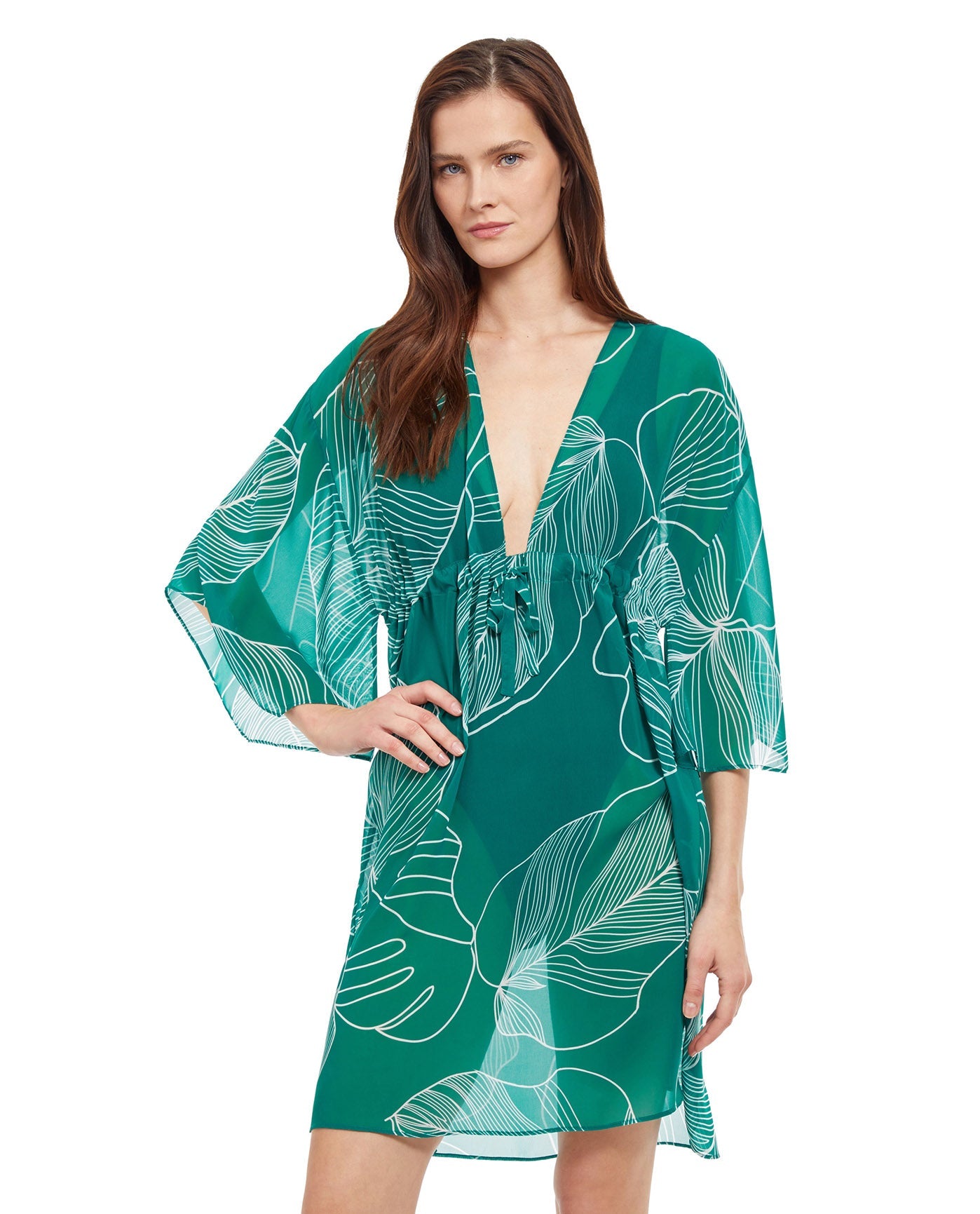 Front View Of Gottex Natural Essence Deep V-Neck Cover Up Dress | Gottex Natural Essence Green And White