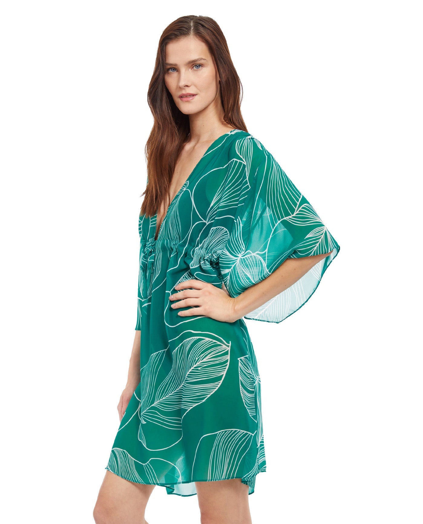 Side View View Of Gottex Natural Essence Deep V-Neck Cover Up Dress | Gottex Natural Essence Green And White