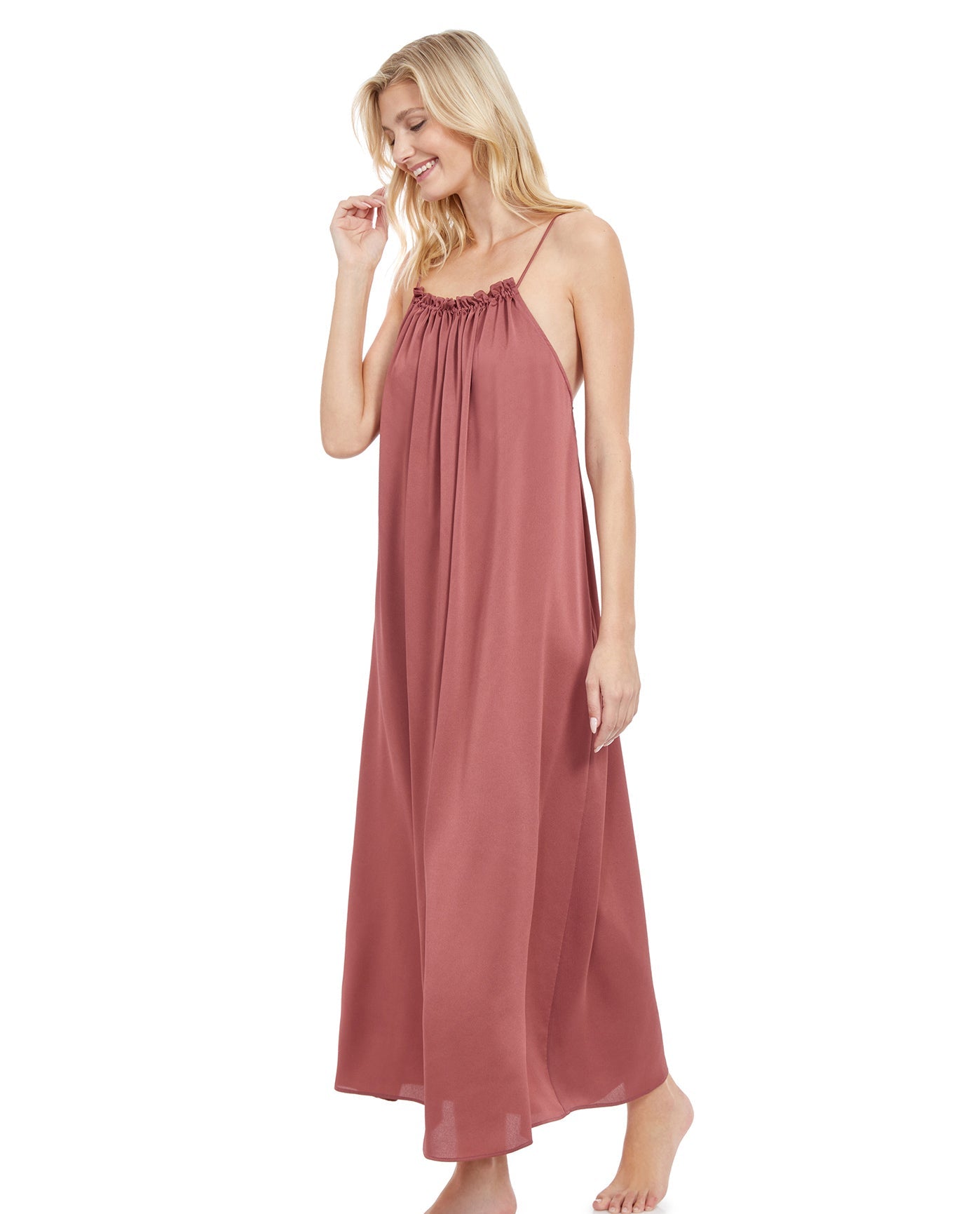 Side View View Of Gottex Classic Queen Of Paradise High Neck Long Cover Up Dress | Gottex Queen Of Paradise Rose Taupe