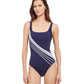 Front View Of Gottex Essentials Simple Elegance Full Coverage Square Neck One Piece Swimsuit | Gottex Simple Elegance Navy And White