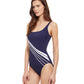 Side View View Of Gottex Essentials Simple Elegance Full Coverage Square Neck One Piece Swimsuit | Gottex Simple Elegance Navy And White