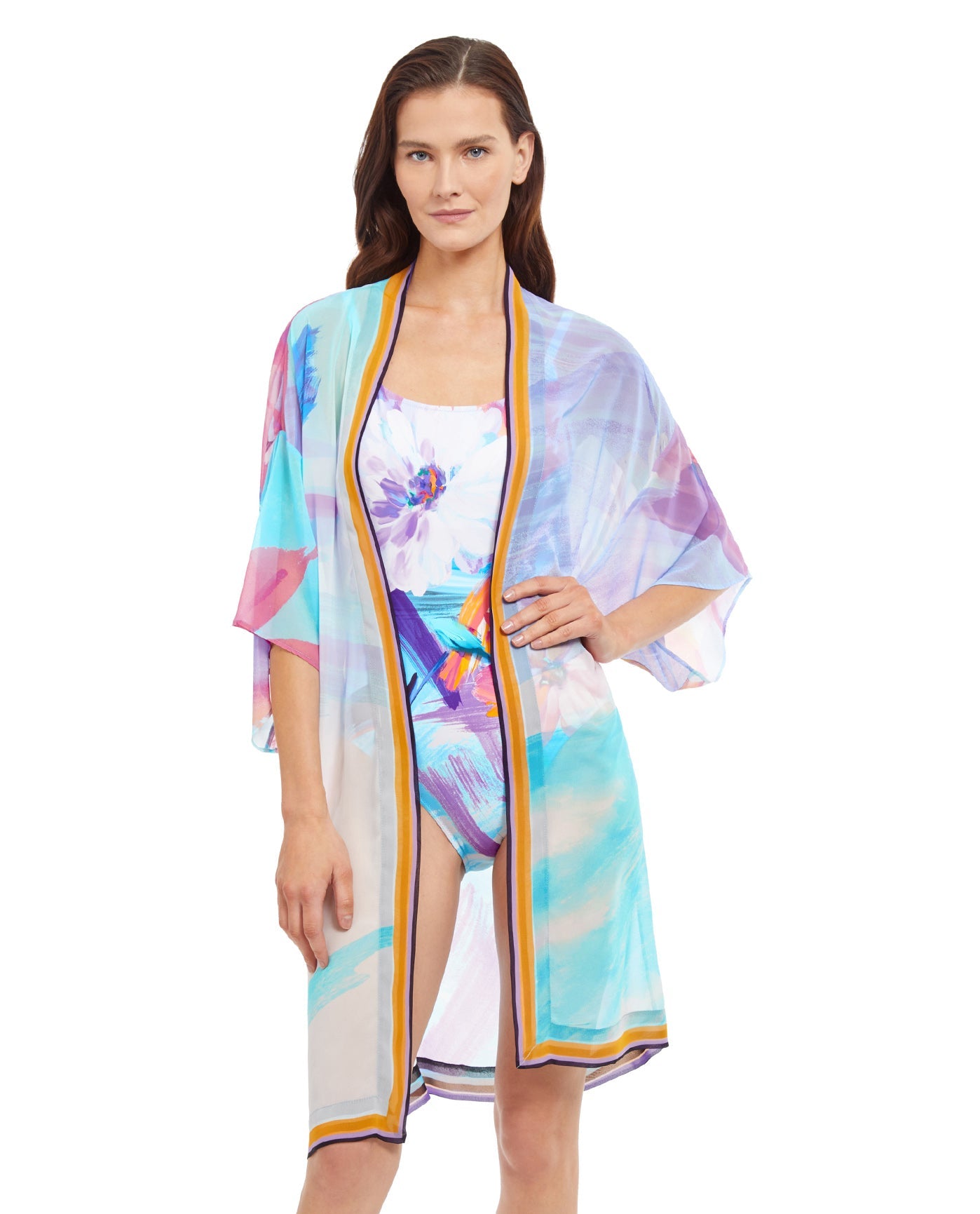 Front View Of Gottex Essentials La Vie Est Belle Belted Kimono Cover Up Dress | Gottex La Vie Est Belle