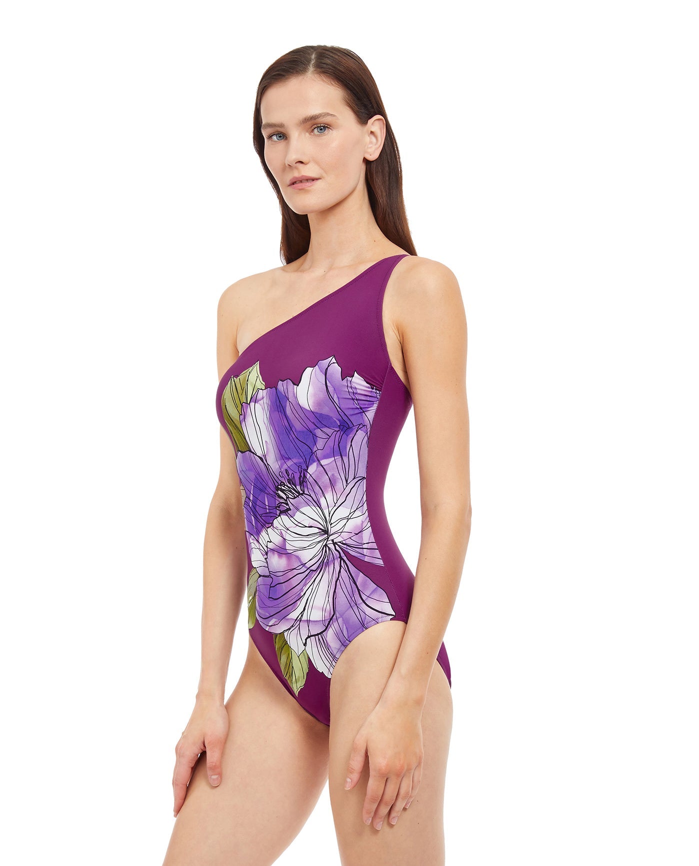 Side View View Of Gottex Essentials Wild Flower One Shoulder One Piece Swimsuit | Gottex Wild Flower Plum