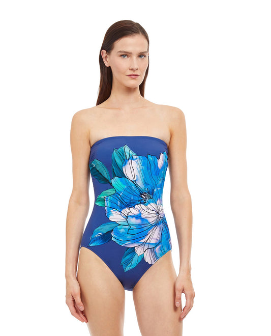 Front View Of Gottex Essentials Wild Flower Bandeau Strapless One Piece Swimsuit | Gottex Wild Flower Blue