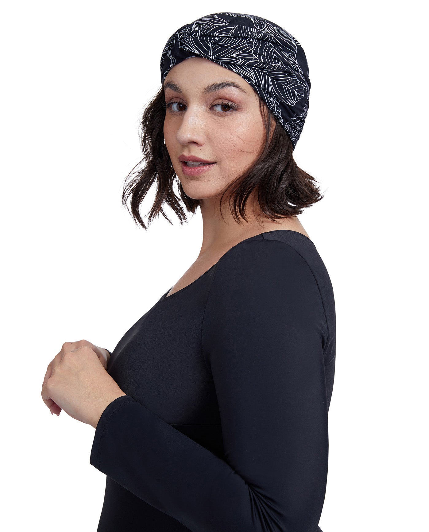 Front View Of Gottex Modest Knotted Hair Covering | GOTTEX MODEST BLACK AND WHITE LEAF