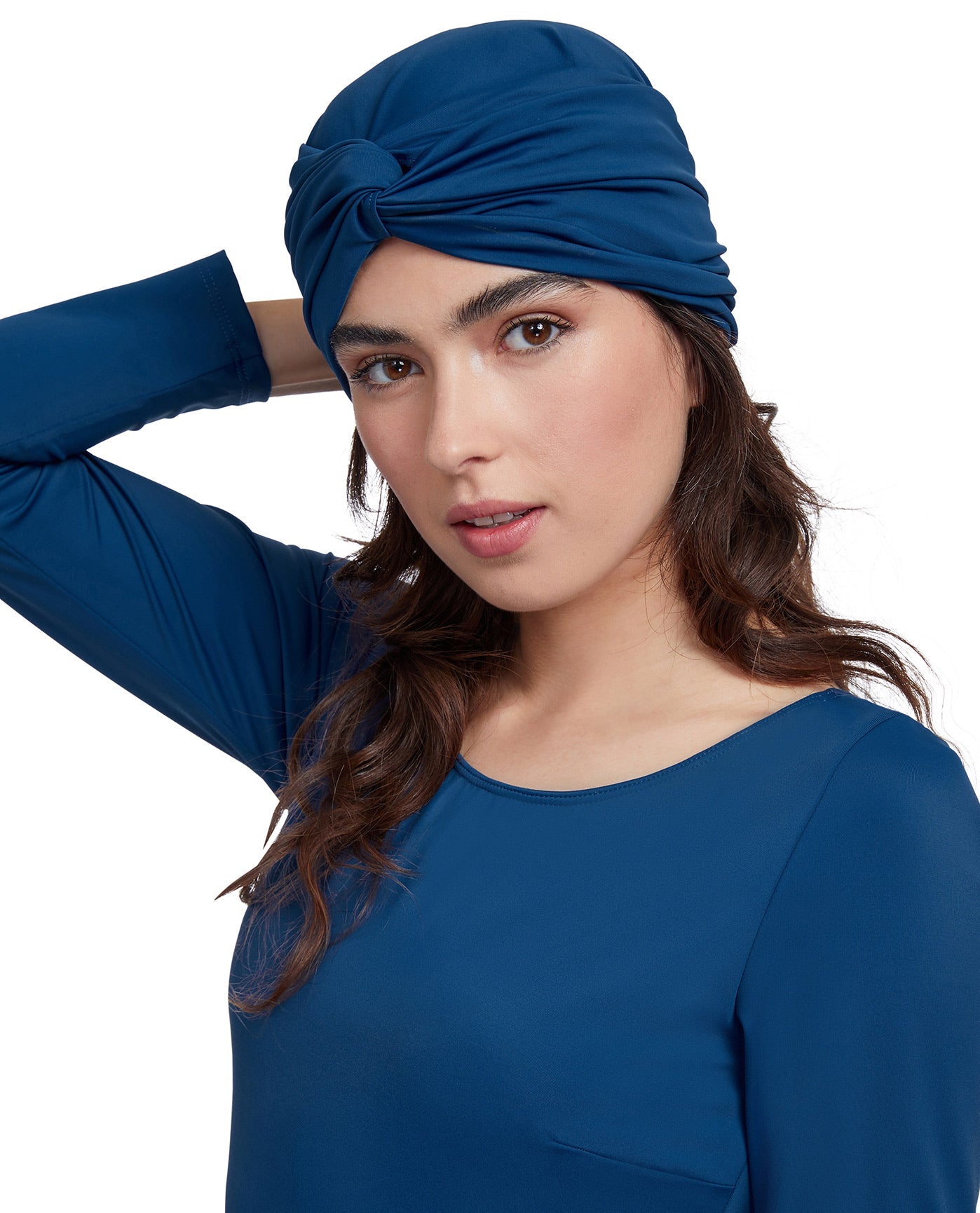 Front View Of Gottex Modest Knotted Hair Covering | GOTTEX MODEST DUSK BLUE