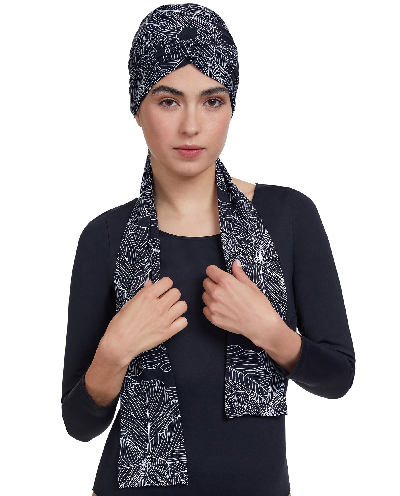Front View Of Gottex Modest Hair Covering With Tie | GOTTEX MODEST BLACK AND WHITE LEAF