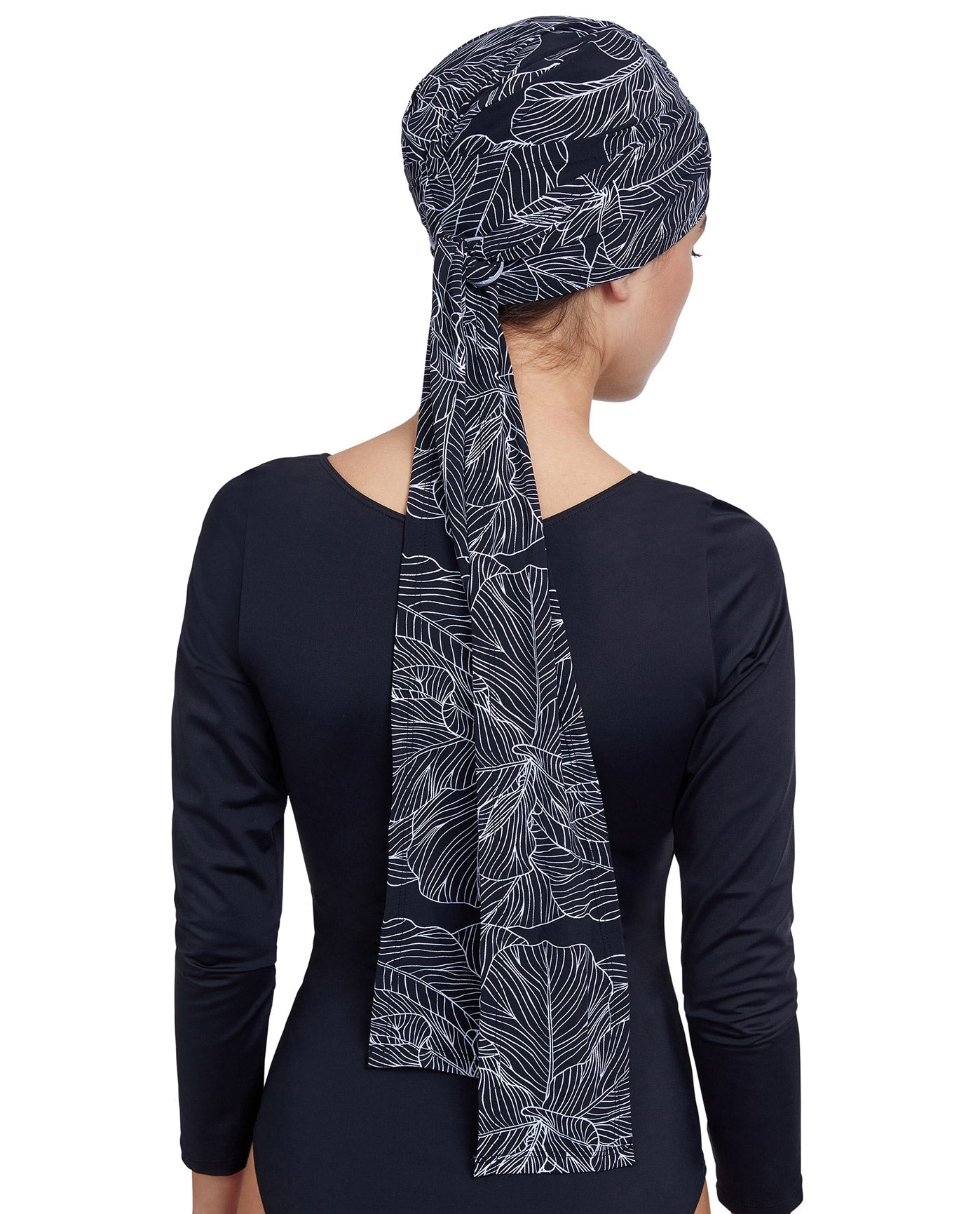 Back View Of Gottex Modest Hair Covering With Tie | GOTTEX MODEST BLACK AND WHITE LEAF