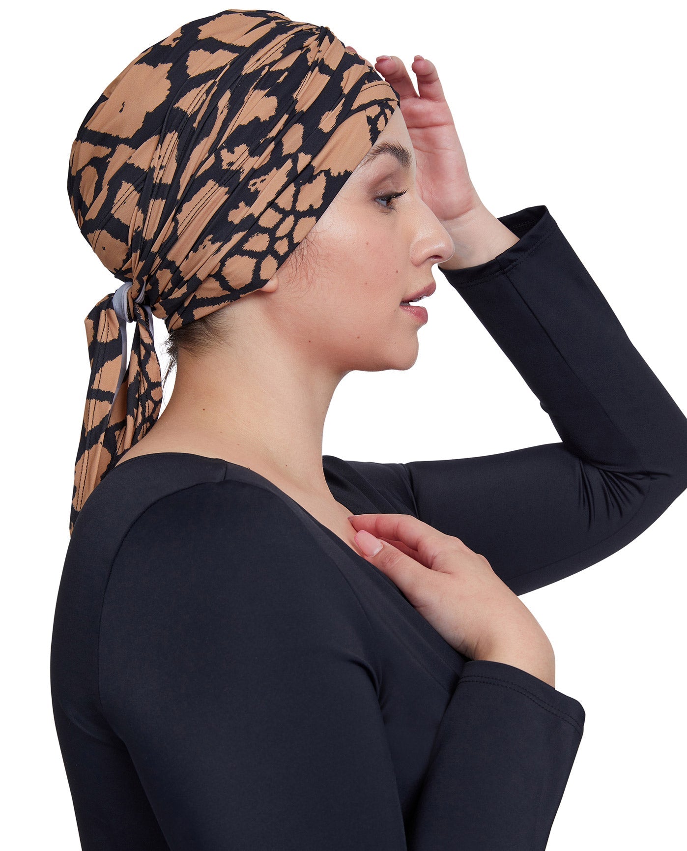 Front View Of Gottex Modest Hair Covering With Tie | GOTTEX MODEST BLACK AND BROWN
