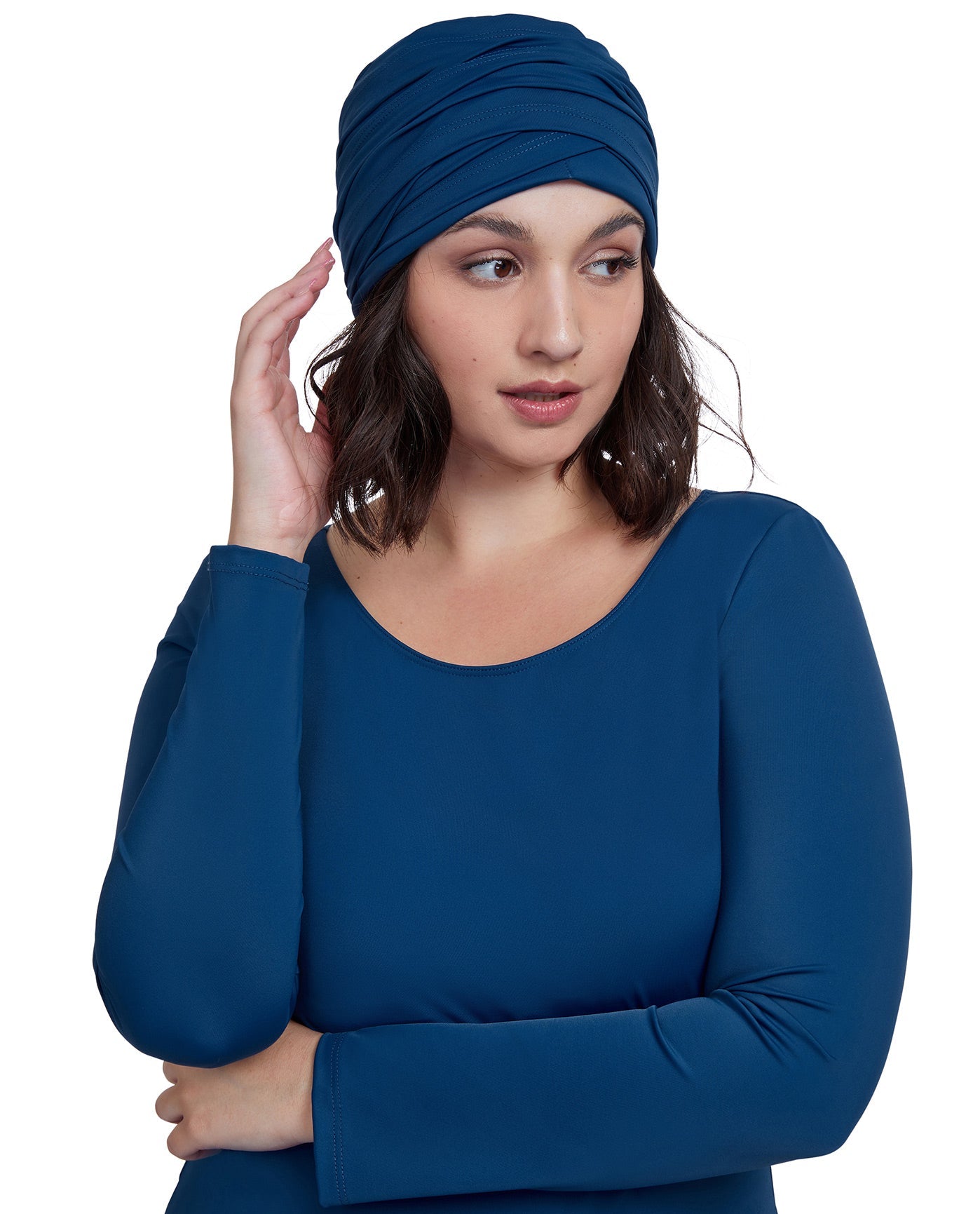 Front View Of Gottex Modest Hair Covering With Tie | GOTTEX MODEST DUSK BLUE