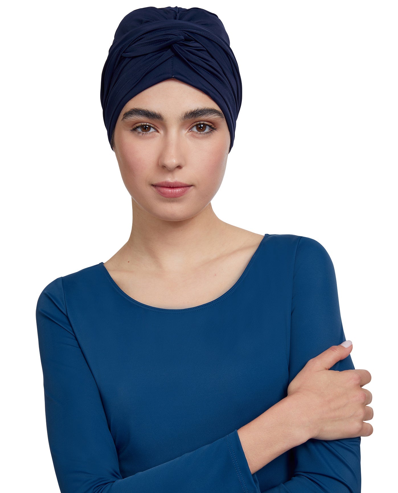 Front View Of Gottex Modest Hair Covering With Tie | GOTTEX MODEST ADMIRAL BLUE
