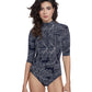 Front View Of Gottex Modest High Neck Long Sleeve One Piece | GOTTEX MODEST BLACK AND WHITE LEAF