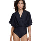 Front View Of Gottex Modest V-Neck Wide Sleeve One Piece | GOTTEX MODEST BLACK