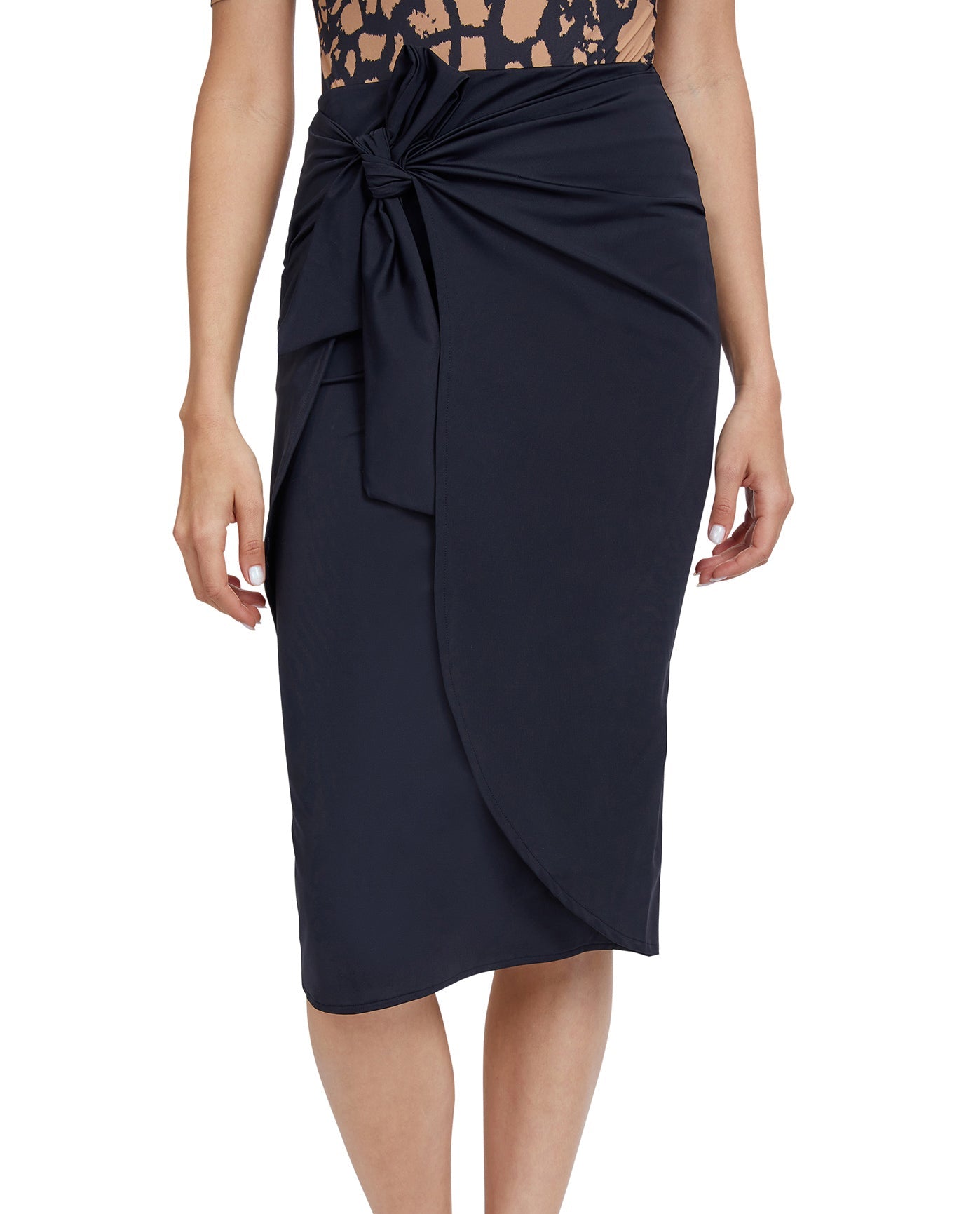 Front View Of Gottex Modest Long Draped Wrap Skirt | GOTTEX MODEST BLACK