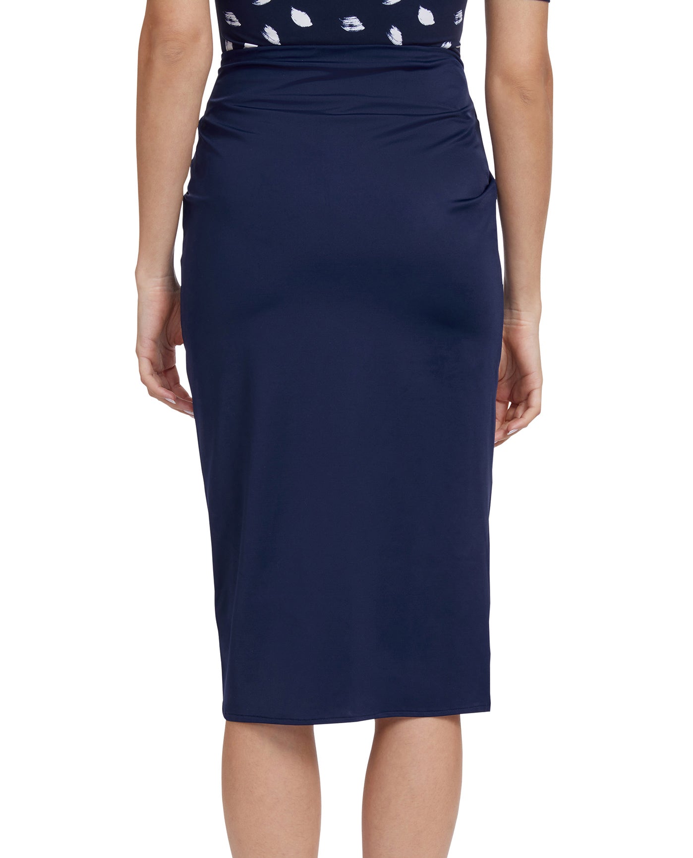 Back View Of Gottex Modest Long Draped Wrap Skirt | GOTTEX MODEST ADMIRAL BLUE