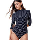 Front View Of Gottex Modest High Neck Long Sleeve One Piece Swimsuit | GOTTEX MODEST BLACK AND WHITE DOTS