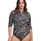 Front View Of Gottex Modest High Neck Long Sleeve One Piece Swimsuit | GOTTEX MODEST WILDLIFE BROWN