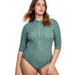 Front View Of Gottex Modest High Neck Long Sleeve One Piece Swimsuit | GOTTEX MODEST GREEN AND WHITE DOTS