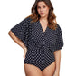Front View Of Gottex Modest V-Neck Wide Sleeve One Piece Swimsuit | GOTTEX MODEST BLACK AND WHITE DOTS