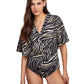 Front View Of Gottex Modest V-Neck Wide Sleeve One Piece Swimsuit | GOTTEX MODEST WILDLIFE BROWN