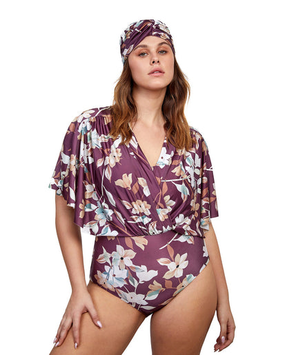 Front View Of Gottex Modest V-Neck Wide Sleeve One Piece Swimsuit | GOTTEX MODEST AMORE MAUVE
